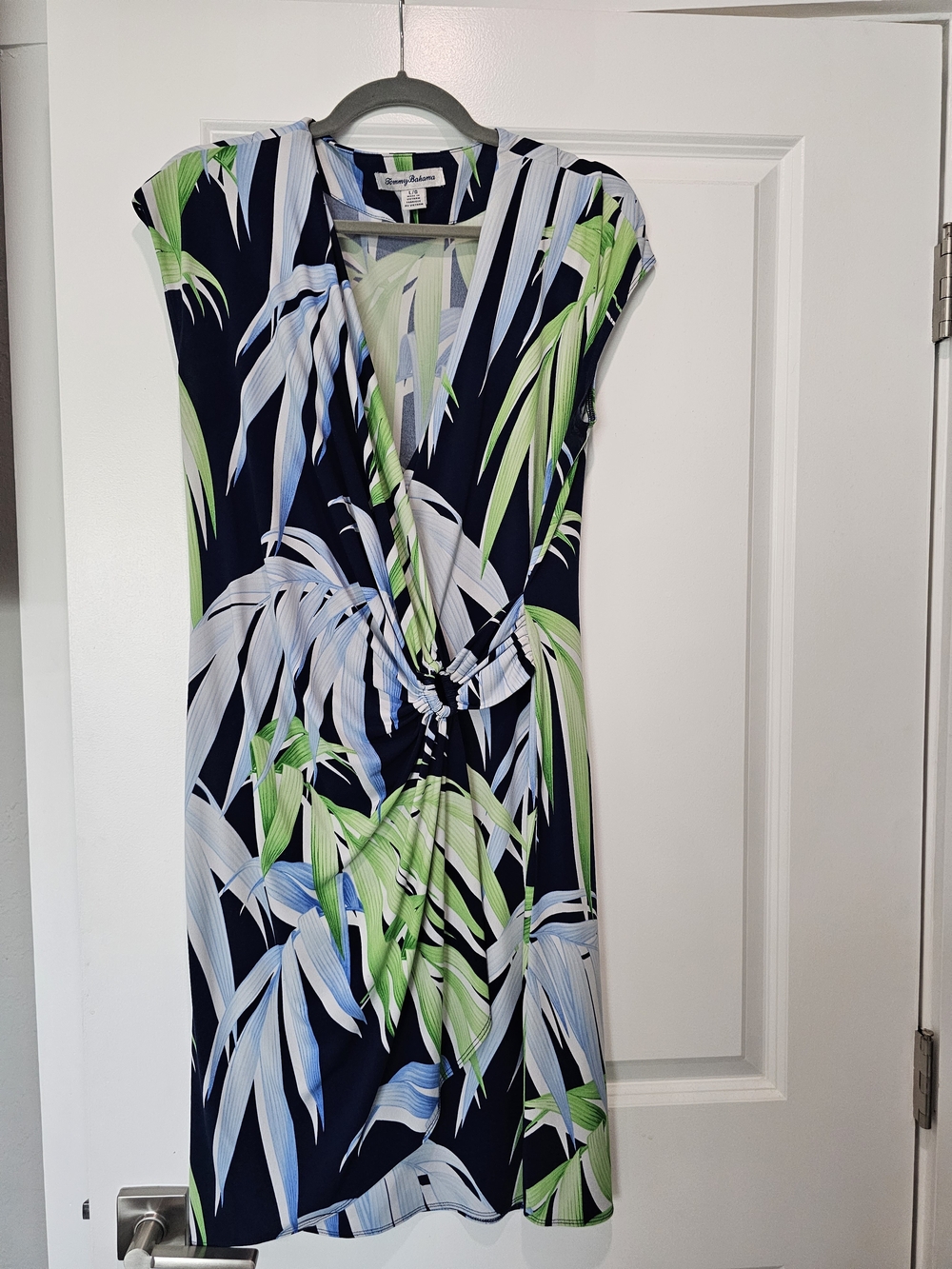 Tommy Bahama Navy Tropical Palm-Print Faux Wrap Dress